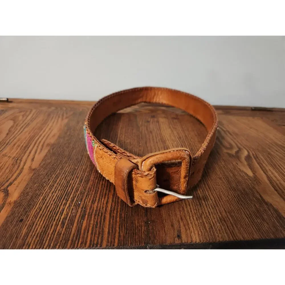 Vintage Handmade Leather Woven Boho Belt Colorful Festival Size 28